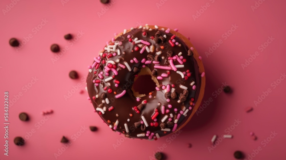 donut with icing and sprinkles, glazed doughnut on pink background, cozy bakery blank empty copy space