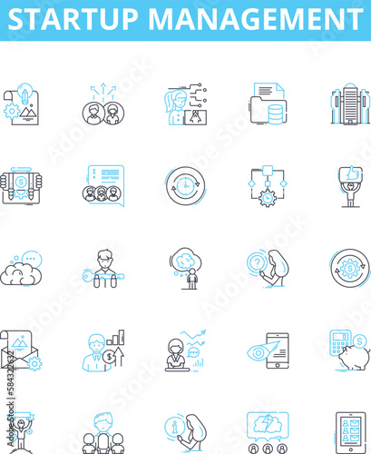 Startup management vector line icons set. incubation, capitalization, monetization, benchmarking, operationalization, staffing, ideation illustration outline concept symbols and signs