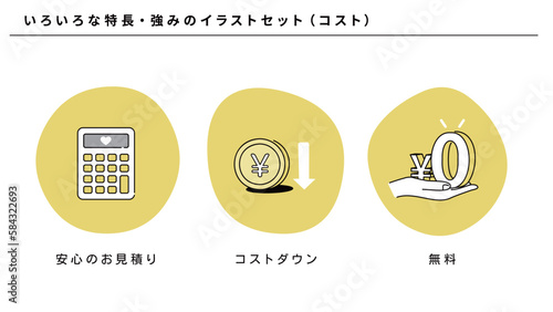 ビジネスのいろいろな特長・強みのイラストセット（コスト）、ベクター