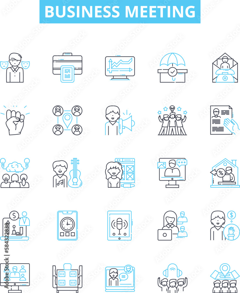Business meeting vector line icons set. Business, Meeting, Conference, Client, Agenda, Group, Strategy illustration outline concept symbols and signs