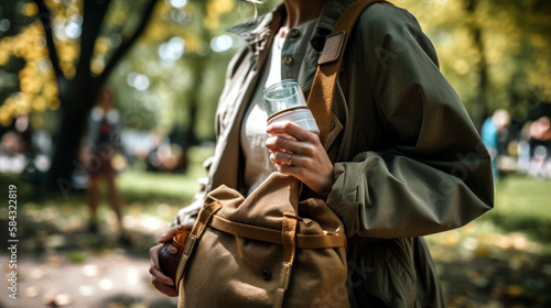 A person walking through a park carrying a reusable water bottle, wearing eco-friendly clothing, and carrying a tote bag made from repurposed materials, Created with generative Ai Technology.