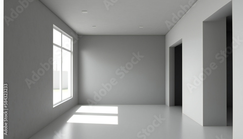 Blank white interior room background  empty white walls corner and white wood floor contemporary. ai