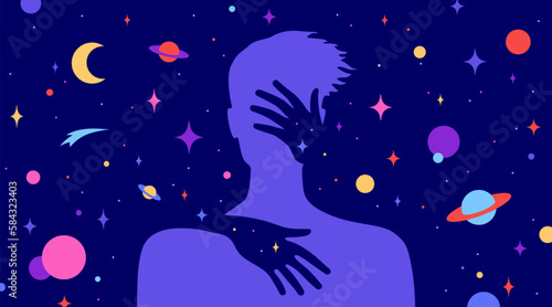 Modern flat character. Hands hug silhouette of man with dream universe, cosmos, stars background. Simple character of young boy, energy spirit connection universe starry night. Vector illustration