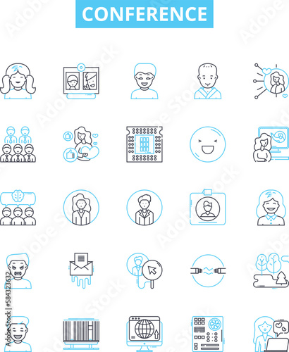 Conference vector line icons set. Convention, Symposium, Meeting, Forum, Assembly, Summit, Gathering illustration outline concept symbols and signs photo