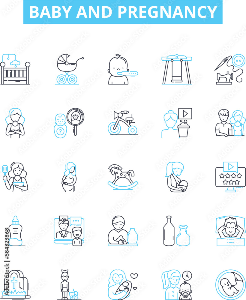Baby and pregnancy vector line icons set. Infant, Maternity, Nurturing, Delivery, Caring, Mom, Fetal illustration outline concept symbols and signs Baby and pregnancy vector line icons set. Infant, Maternity, Nurturing, Delivery, Caring, Mom, Fetal illustration outline concept symbols and signs