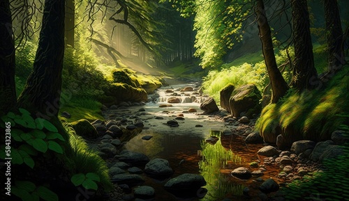 Green forest in sunlight with forest stream, Generate Ai