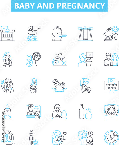 Baby and pregnancy vector line icons set. Infant, Maternity, Nurturing, Delivery, Caring, Mom, Fetal illustration outline concept symbols and signs