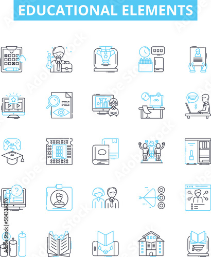 Educational elements vector line icons set. learning, instruction, knowledge, curriculum, skill, course, assessment illustration outline concept symbols and signs