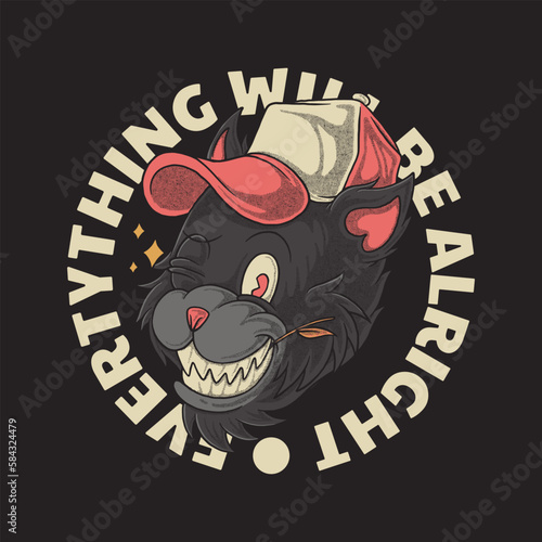 cartoon emblem of winking black cat head with retro style
