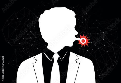 Abstract black and white Illustration of a whistleblower and network polygon. Businessman  Man in suit wearing a whistle. Black Background with Connect lines. 