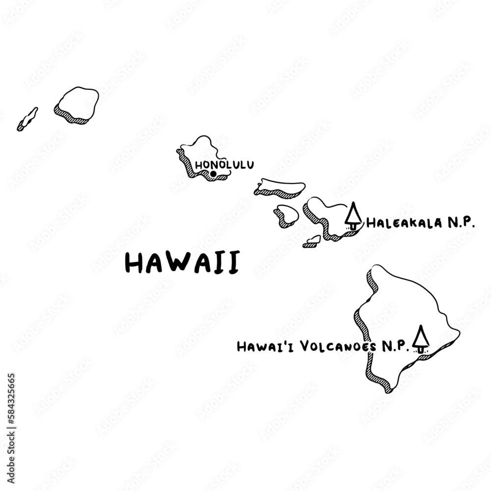Vector hand drawn map of Hawaii HI with main cities and US National