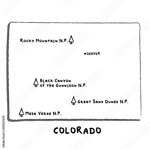 Vector hand drawn map of Colorado CO with main cities and US National Parks. US States USNPs black and white illustrated map. Full vector global color swatch different layer for ease of use