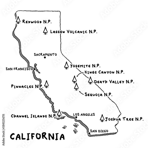 Vector hand drawn map of California CA with main cities and US National Parks. US States USNPs black and white illustrated map. Full vector global color swatch different layer for ease of use