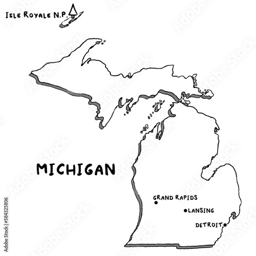 Vector hand drawn map of Michigan MI with main cities and US National Parks. US States USNPs black and white illustrated map. Full vector global color swatch different layer for ease of use