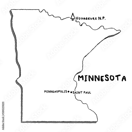 Vector hand drawn map of Minnesota MN with main cities and US National Parks. US States USNPs black and white illustrated map. Full vector global color swatch different layer for ease of use