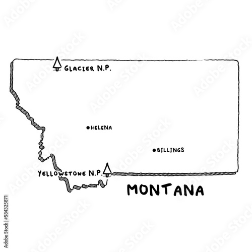 Vector hand drawn map of Montana MT with main cities and US National Parks. US States USNPs black and white illustrated map. Full vector global color swatch different layer for ease of use