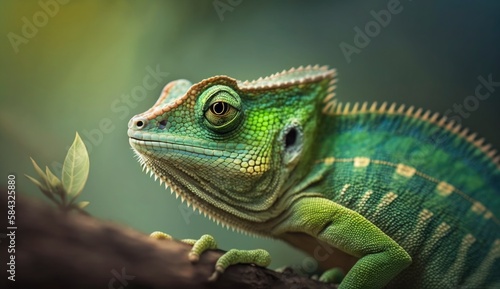 Green colored chameleon close up. Generative AI. © MstAsma