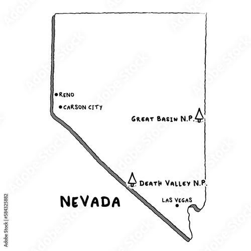 Vector hand drawn map of Nevada NV with main cities and US National Parks. US States USNPs black and white illustrated map. Full vector global color swatch different layer for ease of use