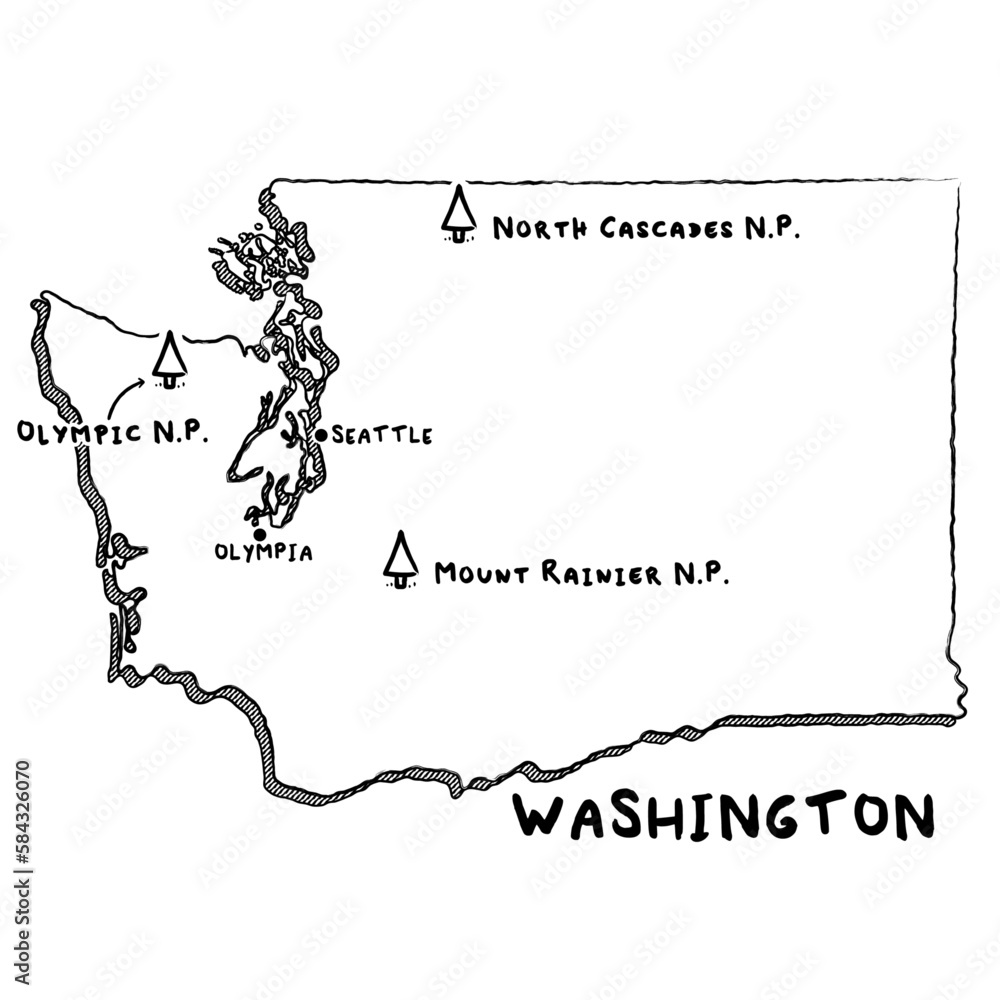 Vector hand drawn map of Washington WA with main cities and US National