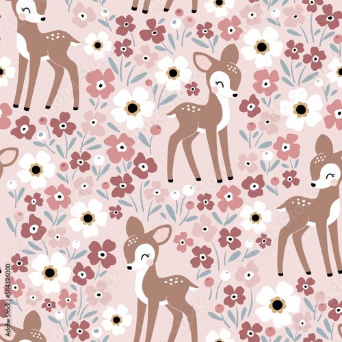 Seamless vector pattern with cute vintage fawn on floral background. Perfect for textile, wallpaper or print design.