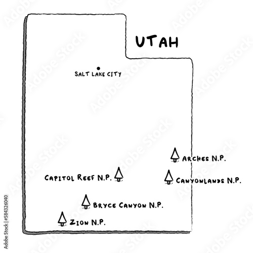 Vector hand drawn map of Utah UT with main cities and US National Parks. US States USNPs black and white illustrated map. Full vector global color swatch different layer for ease of use