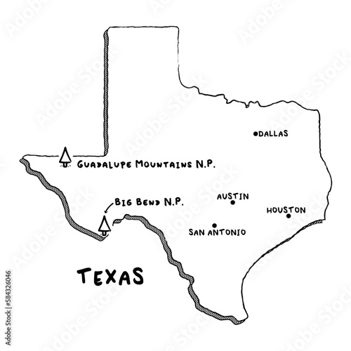 Vector hand drawn map of Texas TX with main cities and US National Parks. US States USNPs black and white illustrated map. Full vector global color swatch different layer for ease of use
