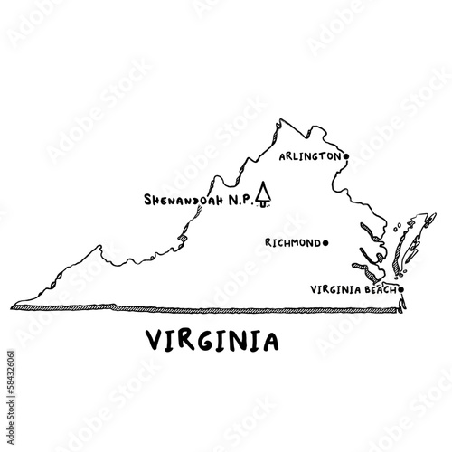 Vector hand drawn map of Virginia VA with main cities and US National Parks. US States USNPs black and white illustrated map. Full vector global color swatch different layer for ease of use