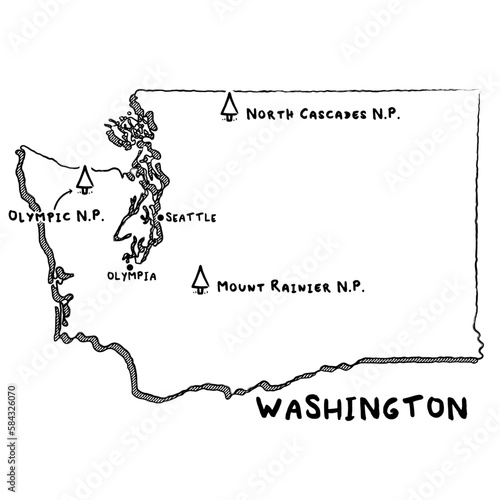 Vector hand drawn map of Washington WA with main cities and US National Parks. US States USNPs black and white illustrated map. Full vector global color swatch different layer for ease of use