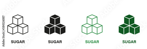 Sugar Cubes Line and Silhouette Icon Set. Low Glucose Green and Black Pictogram. Healthy Sweet Vegan Product Symbol Collection on White Background. Isolated Vector Illustration