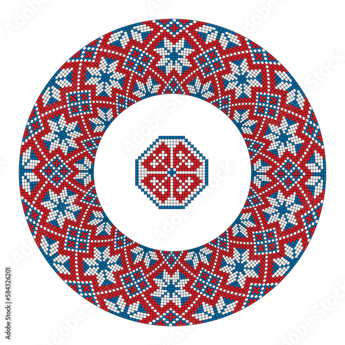 Round frame with colorful geometric pixel pattern