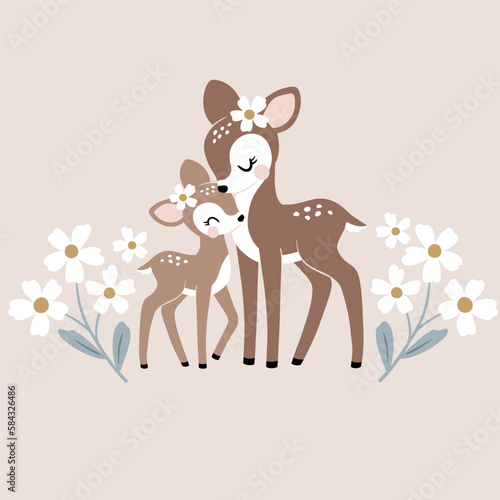 Cute vintage fawn mom and baby with summer flowers.  Perfect for tee shirt logo, greeting card, poster, invitation or print design.