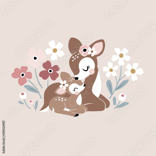 Cute vintage fawn mom and baby with summer flowers.  Perfect for tee shirt logo, greeting card, poster, invitation or print design.