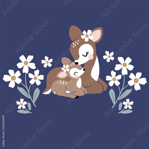 Cute vintage deer mom and baby with summer flowers.  Perfect for tee shirt logo, greeting card, poster, invitation or print design.