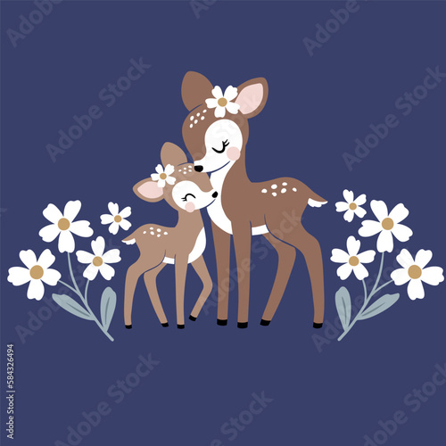 Cute vintage deer mom and baby with summer flowers.  Perfect for tee shirt logo, greeting card, poster, invitation or print design.