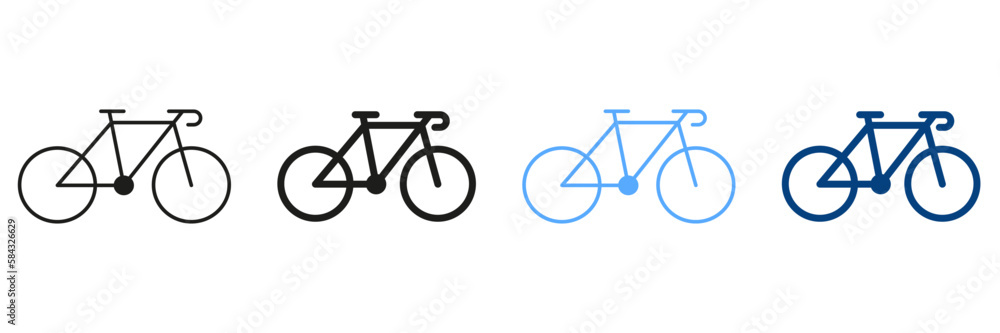 Obraz premium Sport Bicycle Line And Silhouette Color Icons Set. Mountain Bike Pictograms. Collection Of Road Bike Symbols on White Background. Healthy Outdoor Ride. Isolated Vector Illustration