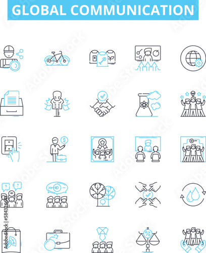 Global communication vector line icons set. Interconnectivity, Worldwide, Technology, Networking, Digital, Instantaneous, Cross-cultural illustration outline concept symbols and signs