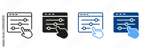 Control Panel and Pointer Sign. Multimedia Adjusting Symbol Collection. Control Panel Line and Silhouette Icon Set. Adjustment Button with Hand Pictogram. Isolated Vector Illustration