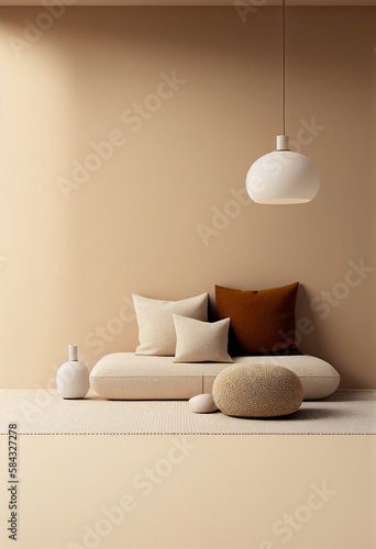 Living room in apartment mock up with empty clean space on wall in soft beige color. Minimalist simple frontal 3d interior with modern furniture: pouf, pillow, hanging lamp, carpet. Generative AI