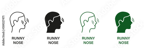 Inflammation, Ache Symbol Collection. Rhinitis, Allergy, Nasal Mucus Pictogram. Runny Nose Line and Silhouette Icon Set. Nose Pain, Itch, Icons for Medical Poster. Isolated Vector illustration