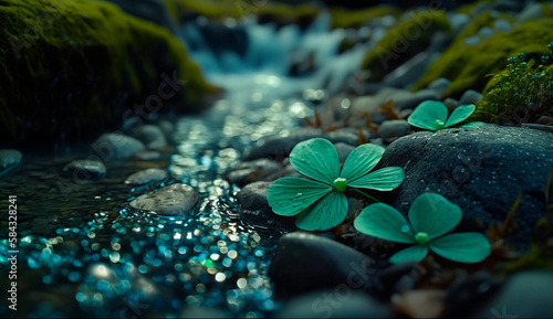 macrophotography of shamrock clear blue mountain stream