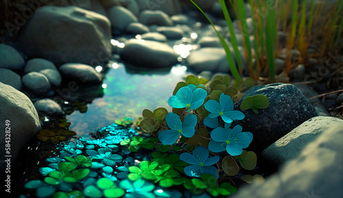 macrophotography of shamrock clear blue mountain stream