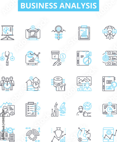 Business analysis vector line icons set. Business, Analysis, Strategy, Process, System, Risk, Market illustration outline concept symbols and signs