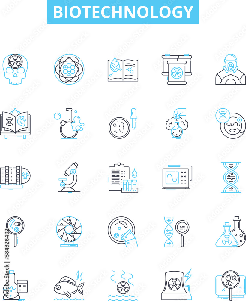 Biotechnology vector line icons set. Biotech, Genetics, Bioengineering, Genomics, Recombinant, Microbiology, Enzymes illustration outline concept symbols and signs Biotechnology vector line icons set. Biotech, Genetics, Bioengineering, Genomics, Recombinant, Microbiology, Enzymes illustration outline concept symbols and signs