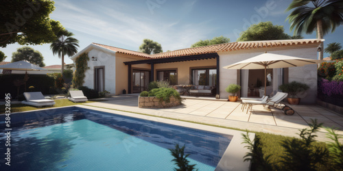 Vue extérieure d'une villa spacieuse et moderne de style Méditerranéen avec piscine et mobilier de jardin - Générer par IA 