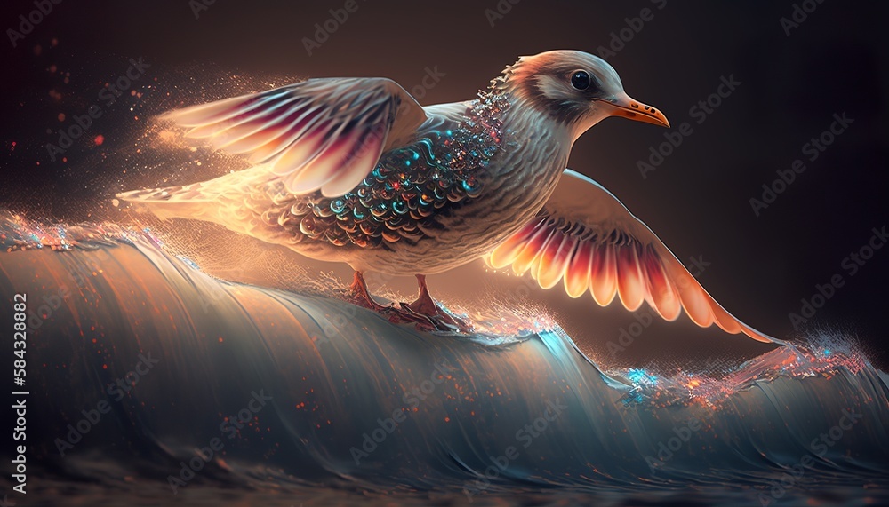 Fototapeta premium surfer bird rides the wave in beautiful lights