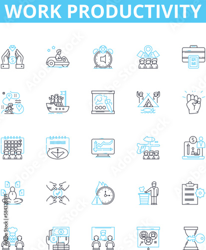 Work productivity vector line icons set. Efficiency, Productivity, Quality, Output, Results, Accomplishments, Proficiency illustration outline concept symbols and signs