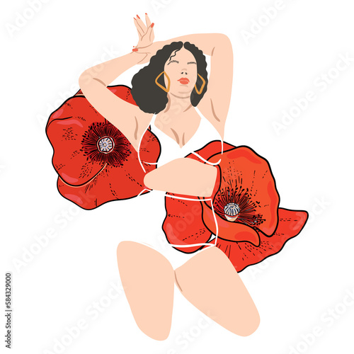 Body positive. Self-love. Love for your body. The woman in her underwear with red poppies flowers. Plus size beautiful lady. Women's solidarity and women's empowerment.