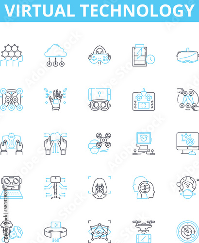 Virtual technology vector line icons set. Virtual, Technology, Cloud, Automation, Augmented, Networking, Simulation illustration outline concept symbols and signs