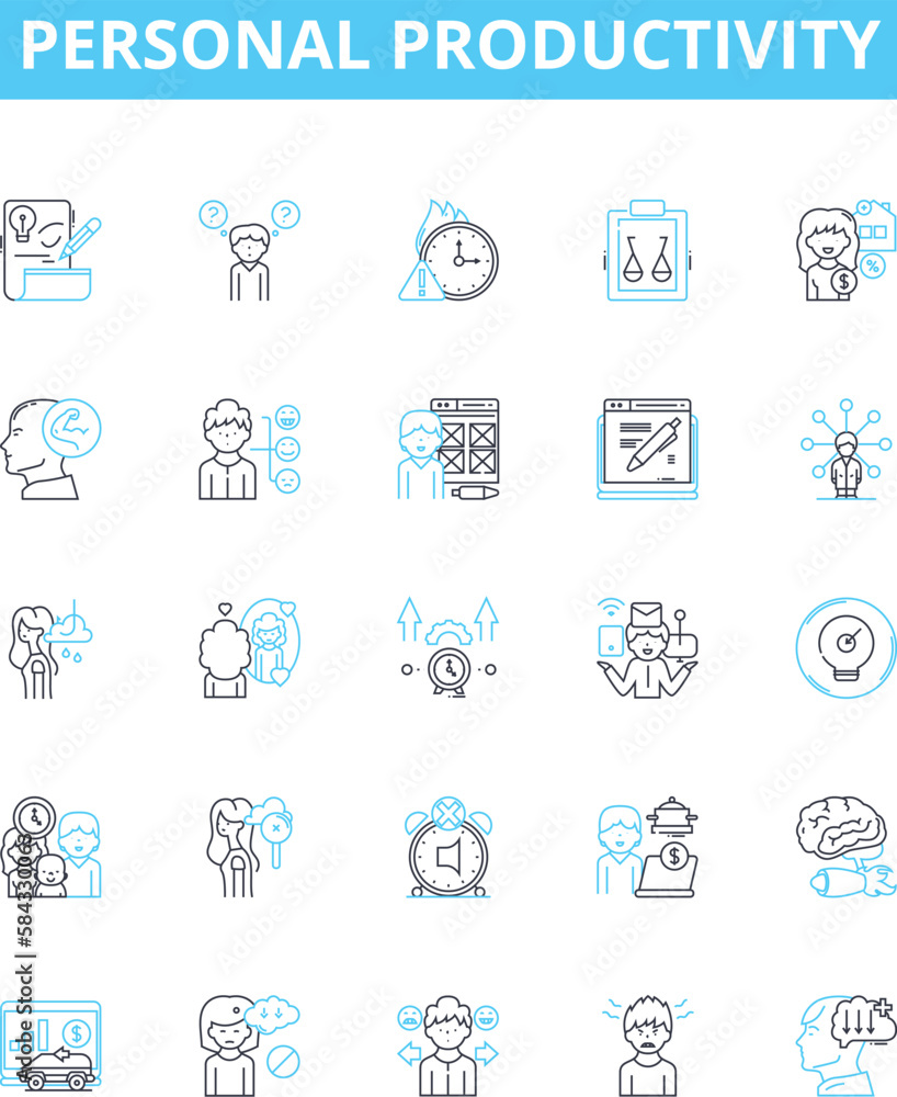 Personal productivity vector line icons set. Productivity, Personal, Time, Management, Goals, Plan, Success illustration outline concept symbols and signs Personal productivity vector line icons set. Productivity, Personal, Time, Management, Goals, Plan, Success illustration outline concept symbols and signs