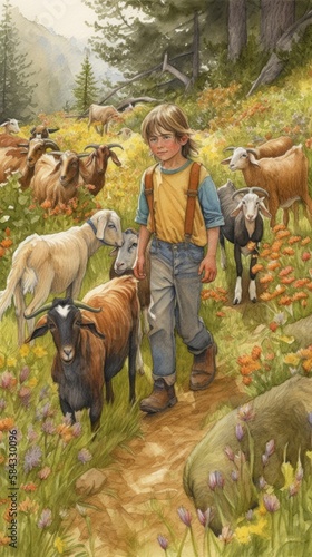Fotografie, Tablou child goatherd herds goats grass valley flo boy goat and field graphic novel cov